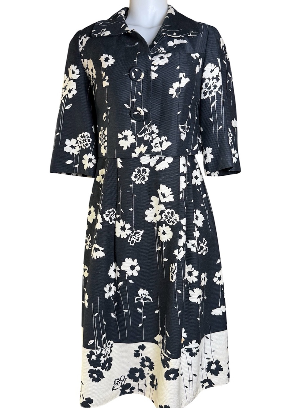 Talbots size 4 Black White Floral Sleeveless Midi Dress Bolero Jacket Set Cotton